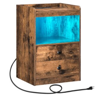 mesa de cabeceira com estação de carregamento e luz LED, Tabela final com gavetas e prateleira de armazenamento, mesa lateral com portas e tomadas USB, Para um pequeno espaço, quarto, marrom rústico