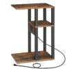 C Shaped End Table with Charging Station, Small Side Table with 2 USB Ports and1 Outlet, TV Tray Table, Couch Table for Small Spaces, Living Room, Bedroom, Rustic Brown and Black