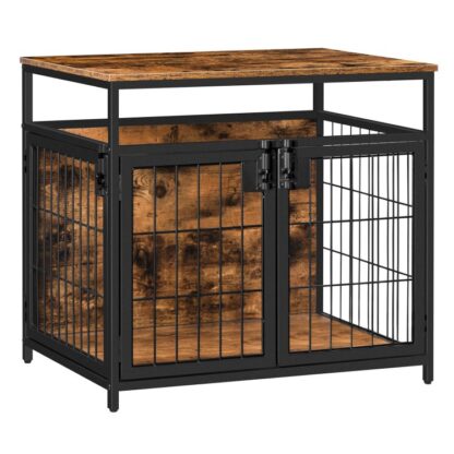 Móveis para caixas de cachorro, mesa de caixa de cachorro de madeira, canis de cachorro com 3 portas internas, mesa final de pet de malha decorativa para cão médio/pequeno, Casa de cães resistentes a mascar, marrom rústico e preto