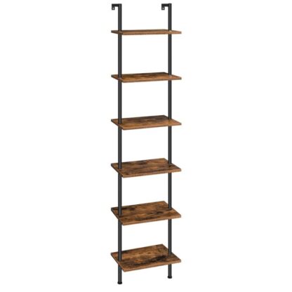 DIY Ladder Shelf, 6-Tier Wooden Wall Mounted Bookshelf, Narrow Bookcase, Display Shelf, Storage Rack, Plant Stand, for Living Room, Bedroom, Study, Balcony, Rustic Brown and Black