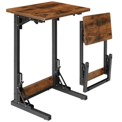 Tábla Deireadh Folding C múnlaithe, Tábla tráidire teilifíse foldable le haghaidh ithe, Sleamhnán faoi thaobh tábla tolg do spás beag, Tábla tolg iniompartha don seomra suí, Seomra leapa, Rustic donn agus dubh