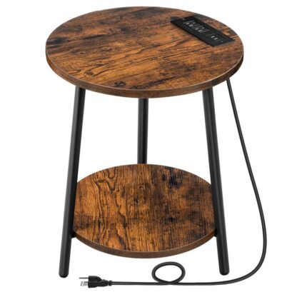 Runder Beistelltisch mit Ladestation, 2-Tier kleiner Beistelltisch, Kreis-Akzenttisch für das Wohnzimmer, Schlafzimmer, Rustikales Braun