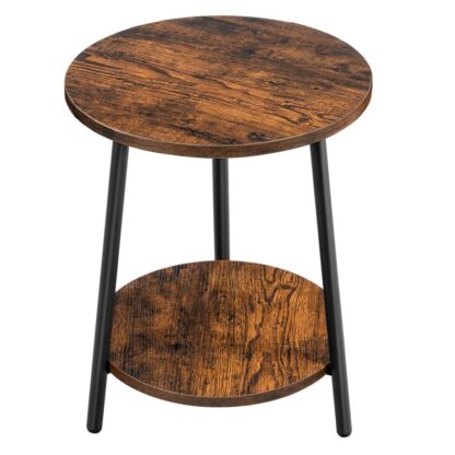 Tavolino rotondo, Comodino rustico con ripiano portaoggetti, 2-Tavolo rotondo in metallo Tier per piccoli spazi, Soggiorno, Camera da letto, Stile moderno, Marrone rustico e nero