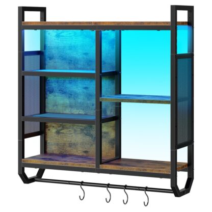 Rustic Brown and Black Gaming Floating Shelves, Wall Mounted Display with LED Lights, 4-Tier Adjustable Hanging Shelf, Storage Rack with 4 Hooks, for Room