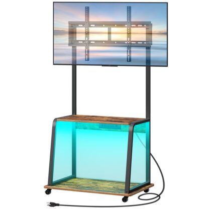 Rustikální hnědá a černý rohový televizní stojan s horou a elektrickou zásuvkou až 55 “, Vintage Rolling TV stojan s LED světly, Nastavitelný stůl pro televizní konzole výšek pro obývací pokoj, Ložnice, Kancelář