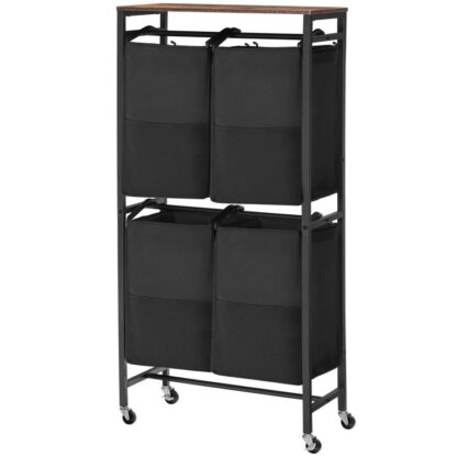 Rullende vaskeri Sorter 4 sektioner, 2 niveau lodret vaskeri hæmmer med hjul, 52 Gal (198l), Tøjvaskekurve til vaskerum, soveværelse, badeværelse, garderobe, rustik brun og sort