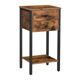 Mesa de cabeceira alta, Mesa de cabeceira com 2 Gavetas e prateleira de armazenamento, Tabela final de telefone industrial para estudo, Quarto, Economia de espaço na mesa lateral, Fácil montagem, Rústico Marrom e Preto