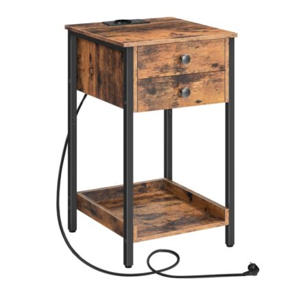 Table de chevet avec douille, Table basse haute avec 2 Tiroirs pour chambre à coucher, Salon, Brun vintage et
