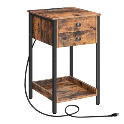 Nachttisch mit Ladestation, hoher Beistelltisch, Seitentisch mit Schubladen und Lagerregal, Telefontisch für Schlafzimmer, platzsparend, Einfache Montage, rustikalbraun und schwarz