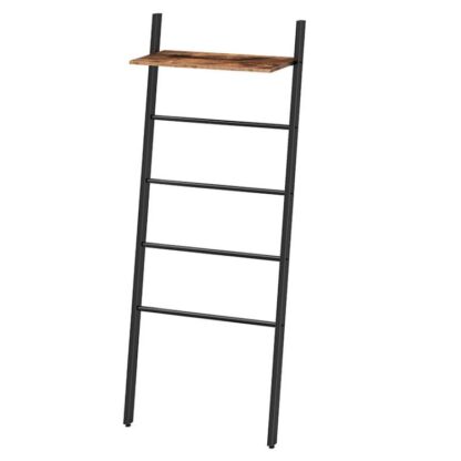 blanket ladder, 5-tier leaning ladder quilts rack with storage shelf, 25.2 inch wide towel drying and display rack for bathroom, bedroom, laundry room, metal frame, rustic brown