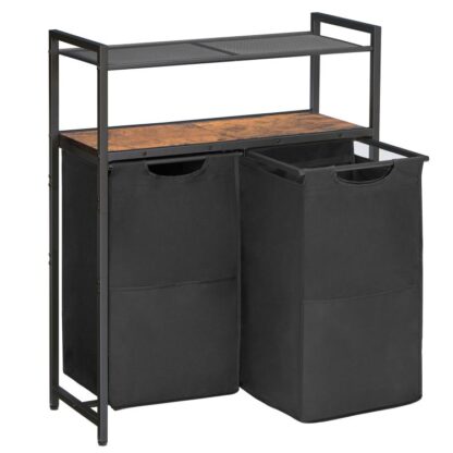 laundry hamper with shelf, 2 13 gal(49.5l), laundry basket, laundry sorter with 2 pull-out and removable bags, bathroom, laundry room, rustic brown and