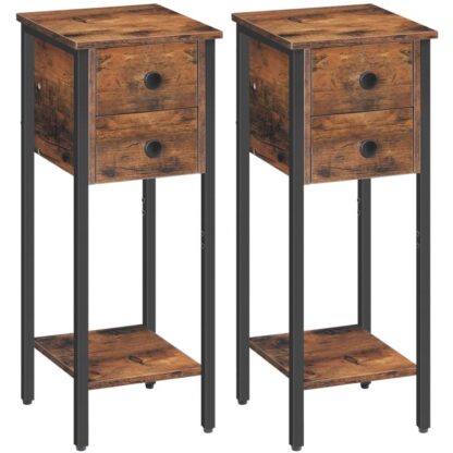 Square Tall Bedside Table, Slim Bedside Table Set of 2, malý telefonní stůl s 2 zásuvky, Boční stůl s kovovým rámem, Malý noční stolek s otevřenou policí, Rustikální hnědá a černá