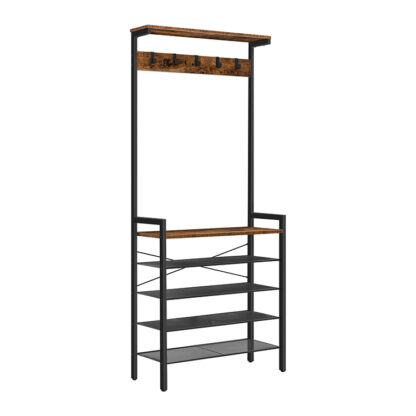 Hall tre med benk, klesstativ med skooppbevaring, Sko og frakkestativ, 5-Tier inngangssko lagring, 5 kroker, til 12-16 par, industriell, gangen, foajé, Mudroom, rustikk brun