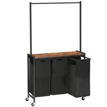 Košík pro třídění prádla s závěsným stojanem, 126L Rolling Laundry Basket, Laundry Hamper 3 sekce, Odnímatelné tašky na prádlo, prádelna, ložnice, Rustikální hnědá a černá