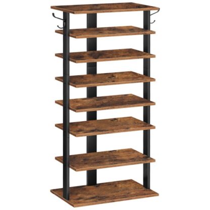 Sapateira vertical, 8-Organizador de armazenamento de sapatos de nível com ganchos, Sapateira estreita para 16 Pares, Economia de espaço, Estável e Forte, para entrada, Armário, Sala de estar, Quarto, Marrom Rústico