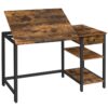 Bureau d'ordinateur, table de dessin de rédaction inclinable, table d'écriture avec tiroir et 2 étagères, bureau d'ordinateur portable avec barre sans glissement, cadre en fer stable, marron rustique