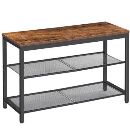Banc à chaussures, 3-Étagère à chaussures à plusieurs niveaux, Banc de rangement pour organisateur de chaussures industriel, 29.5 Banc d'entrée de pouces avec étagères en filet, pour l'entrée, Salon, Couloir, Assemblage facile, Brun rustique