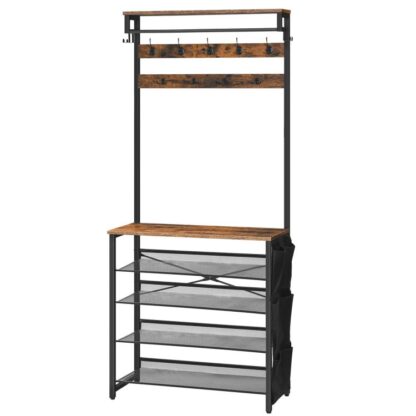 Halltre med benk, Entryway klesstativ med skohylle, Sko og knageekk, 5 Tier Skooppbevaringsorganer med sidelommer i Oxford-stoff, Justerbare nettinghyller, Rustikk brun