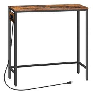 Tabella della console stretta con punti vendita, 29.5" Piccolo tavolo di ingresso con stazione di ricarica, Tavolo di divano sottile, tavolino, per corridoio, camera da letto, soggiorno, rustico marrone e nero