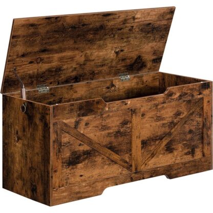 Vintage Wooden Trunk, Retro Toy Box Organizer with U-Shaped Cut-Out Pull, Storage Bench, Safety Hinge, Sturdy Toy Chest, Wooden, Supports 220 lb, Easy Assembly, Rustic Brown