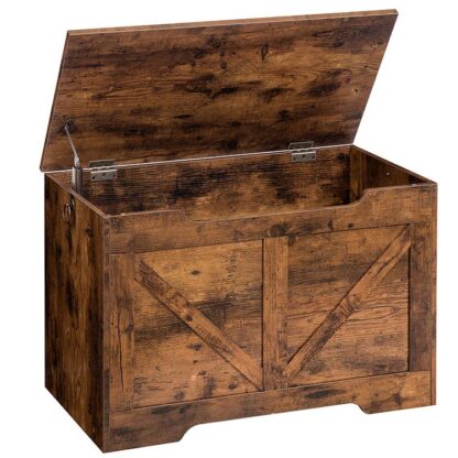Baúl de almacenamiento de madera, Banco de almacenamiento con mecanismo de bloqueo, Organizador de caja de juguetes retro con bisagra de seguridad, Cofre de juguetes resistente, 75 x 40 incógnita 50.5 centímetro, Fácil montaje, Marrón rústico