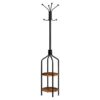 coat rack, coat stand with 2 shelves and 8 hooks, hall tree, free standing clothes stand for hats, backpacks, umbrellas, hallway, porch, metal frame, industrial, rustic brown