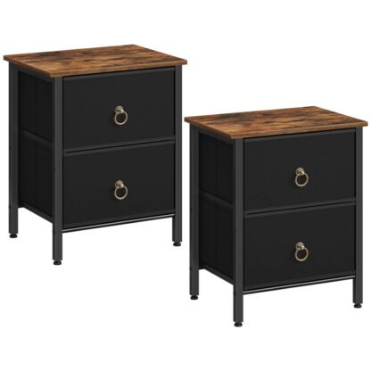 Sraith Nightstand of 2, 2 Tarraiceán Dresser le haghaidh Seomraí Leapa, Seastán oíche bheag, Troscán cois leapa, Tábla Taobh le haghaidh Seomraí Leapa, Dornán, Rustic donn agus dubh