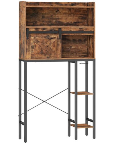 Sobre o armário de armazenamento do banheiro, Suporte organizador de banheiro com suporte para papel higiênico, Rack de armazenamento para banheiro que economiza espaço, Porta deslizante do celeiro, Rústico Marrom e Preto