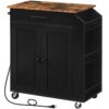 Isola della cucina con outlet elettrico, Isola di stoccaggio della cucina con rastrelliere e cassetto, carrello da cucina rotolante su ruote, per casa, cucina e sala da pranzo, rustico marrone e nero
