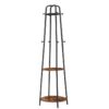 coat rack, coat stand with 8 unique hooks and 2 shelves, coat tree free standing for clothing, hats, umbrellas in entryway, living room, metal frame, sturdy, stable, rustic brown