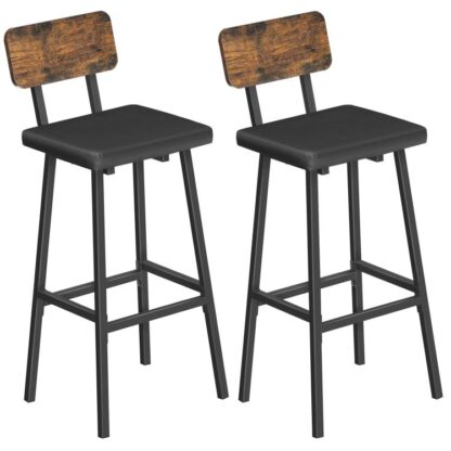 Schwaarz Bar Hocker, Set vun 2 Pu upololéiert Tall Bar Hocker, Kichen moies hocker mat Foussricher, Bar Still, fir Kichen, Iesszëmmer, Bar, Cafet, Rustikal Braun a Schwaarz