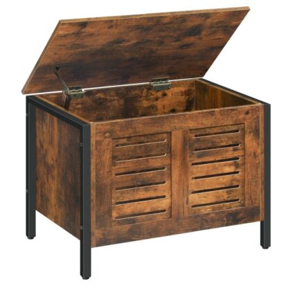 Cofre de almacenamiento, Banco de almacenamiento de madera, Organizador de almacenamiento retro con bisagra de seguridad, Banco de zapatos resistente, Marco de metal, Soportes 176 lb, Puerta con persianas, Marrón rústico