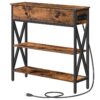 table de console avec prises et ports USB, table d'entrée étroite avec tiroir, petite table de canapé avec 2 étagères de rangement, derrière le canapé, salon, couloir, foyer, cuisine, marron rustique