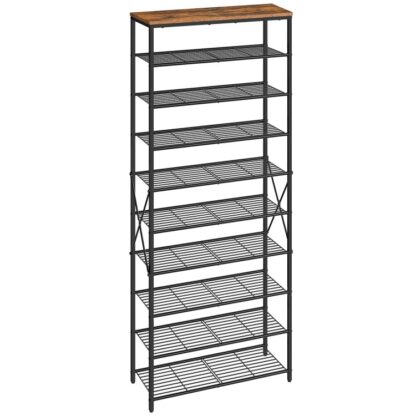 10-Étagère à chaussures à plusieurs niveaux pour porte d'entrée, Étagère à chaussures, Organisateur de rangement de chaussures, Détient 36-40 Des paires de chaussures, Armature en métal, Placard, Entrée, Couloir, Foyer, Brun rustique et noir