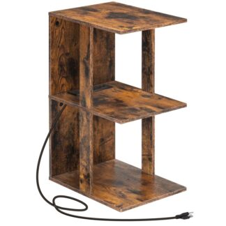 mesita de noche con estación de carga, 3 Tabla de nivel de nivel con puertos y puntos de venta USB, Mesa lateral estrecha con estante de almacenamiento, Sofá mesita de noche para espacios pequeños, dormitorio, marrón rústico