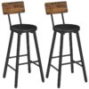 Ensemble de tabourets de bar 2, Tabourets à hauteur de comptoir, Chaises de bar rembourrées PU avec dossier et repose-pied, Design ergonomique, pour salle à manger, Cuisine, Café, Brun rustique et noir