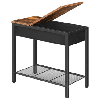 sidebord, Flip Top End Table med lagringshylle, smal nattbord for små områder i stuen, soverom, industriell, Stabil metallramme, rustikk brun og svart