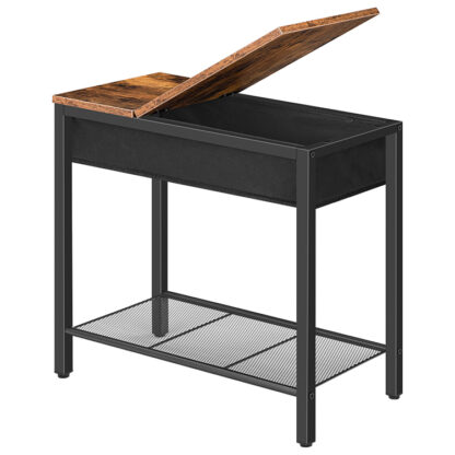tavolino, Flip Top Top -End Table con scaffale di stoccaggio, Stretto comodino per piccoli spazi in soggiorno, camera da letto, industriale, cornice in metallo stabile, rustico marrone e nero
