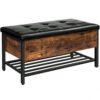 Storage Bench, Storage Ottoman, Shoe Bench with Padded Seat and Metal Shelf, Flip Top Toy Box Storage Chest, Bed End Stool for Bedroom, Hallway,Living Room, Rustic Brown and Black