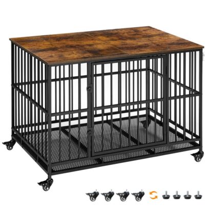 Heavy Duty Dog Crate, 43.3" Large Dog Kennel Furniture Indoor with Flip-Top, Indestructible Dog Crate End Side Table with Wheels, for Small/Medium/Large Dog, Rustic Brown and Black