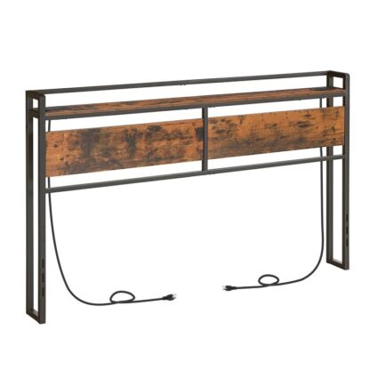 Kinnek Gréisst headboard, Kappboard mat 2 Auswee an 4 USB Ports, justierbar Héicht, Späichere Rack, robust a stabil, einfach Versammlung, rustikal brong a schwaarz