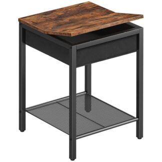 Nattbord, Flip Top Side Table med nettlagringshylle, Industrielt endebord for små områder i stuen, Soverom, Stabil metallramme, Rustikk brun og svart