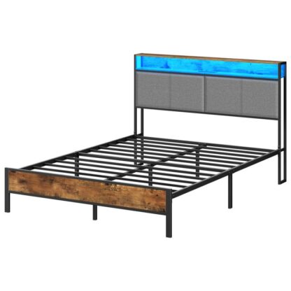 Quadro da cama queen com cabeceira de armazenamento, Cama de plataforma estofada, Estrutura da cama com estação de carregamento e luz LED, Cabeceira com prateleiras de armazenamento, Portas USB, Rústico Marrom e Preto