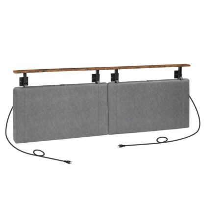 Tête de lit rembourrée très grand, Tête de lit suspendue avec 4 Ports USB et lumière LED, Rembourrage en PU, Étagère de rangement ouverte, pour Chambre, Salon, Entrée, Brun rustique et gris