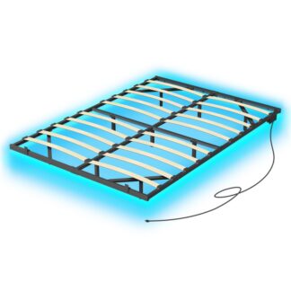 Floating Bed Frame Full Size with Charging Station and Smart LED Lights, Black Metal Bed with and Natural Wooden Platform, No Box Spring Needed, Easy Assembly