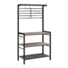 Kitchen Rack, Kitchen Microwave Oven Baker's Stand with High Display Shelf, 2 Wooden Shelves and Mesh Panel, Kitchen Island Rack with 6 Hooks, Adjustable Feet, Grey and Black