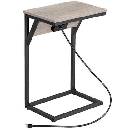Tábla deiridh C-chruthach le stáisiún muirir, side table for sofa with usb ports & asraon, Tábla tolg tionsclaíoch le fráma miotail le haghaidh staidéir, seomra suí, seomra codlata, Greige agus dubh