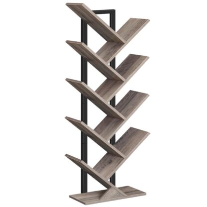 bibliothèque en forme d'arbre, 9-étagères en bois de bibliothèque de niveau, Rack de rangement debout au sol, pour l'affichage des CD, Livres dans le salon, bureau à domicile, Rack de rangement en bois pour chambre à coucher, gris