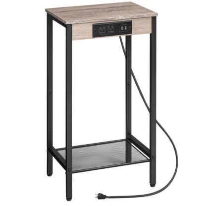 Tavolino alto con stazione di ricarica, 28.7" Tavolino terminale per telefono industriale H, Piccolo tavolo da ingresso, Comodino Alto per Soggiorno, Corridoio, Camera da letto, Ufficio, Greige