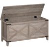 Banc de stockage de la ferme, Coffre de rangement en bois, 39.3" Coffre à jouets rétro avec façade de style grange, Organisateur de coffre à jouets avec accents métalliques et dessus relevable, pour le salon, Grège